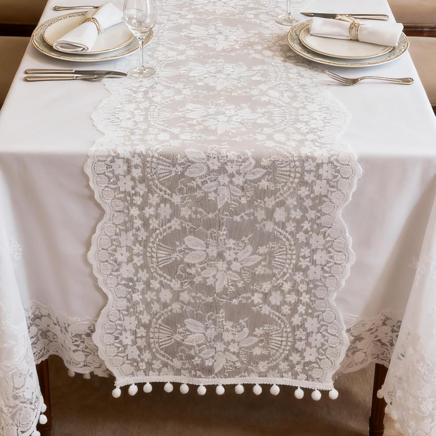 19 X 47 Inch Embroidery Cotton Lace Runners for Tables, White Lace Table Runner Vintage Laces Table Runners Wedding Tables Runner Laces Fabric Table-Cover for Thanksgiving Christmas Tea Party Decor