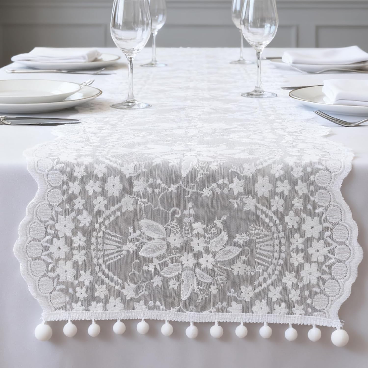 19 X 47 Inch Embroidery Cotton Lace Runners for Tables, White Lace Table Runner Vintage Laces Table Runners Wedding Tables Runner Laces Fabric Table-Cover for Thanksgiving Christmas Tea Party Decor