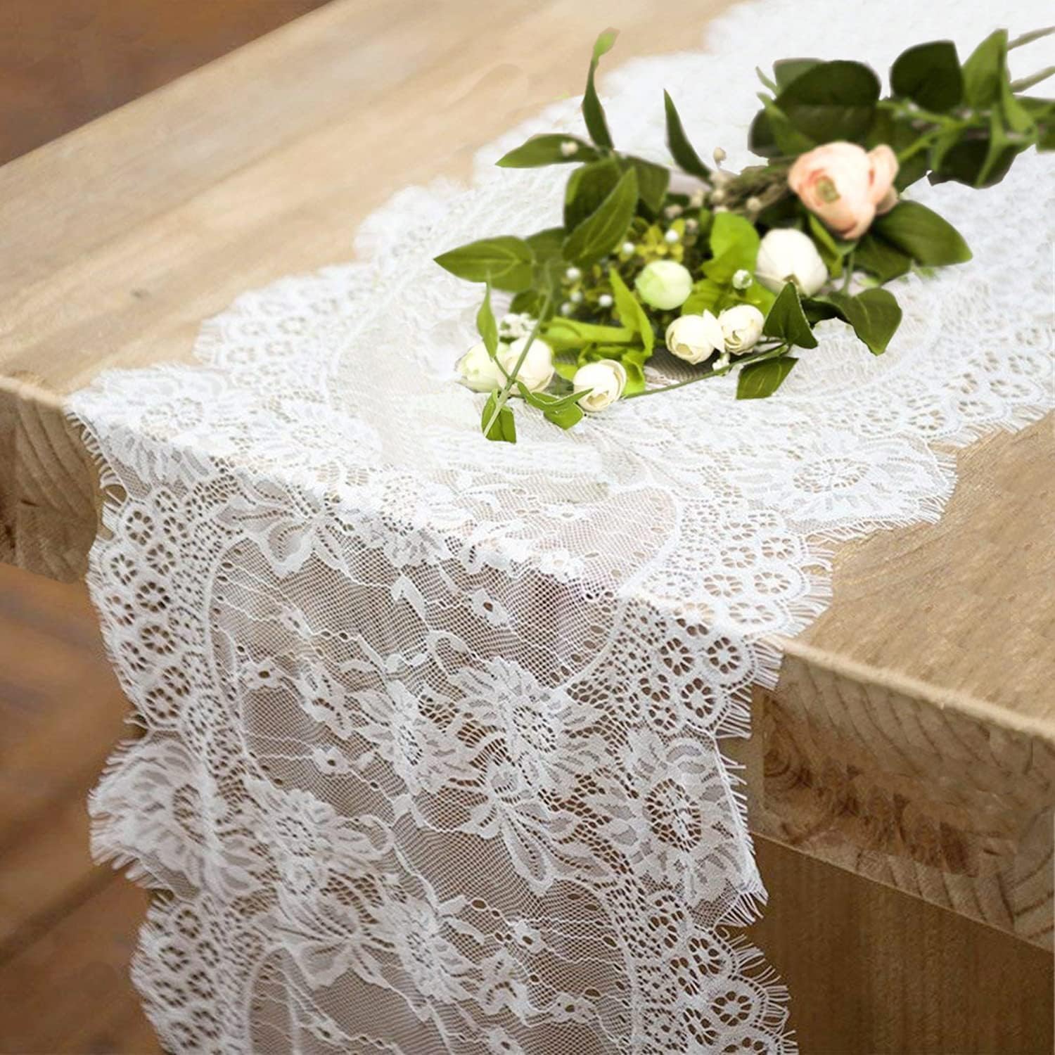 20 Pcs White Lace Table Runners 14 x 120 Inch for Wedding Bridal Shower Baby Shower Party Table Decoration, Rustic Rose Embroidered Boho Table Runner