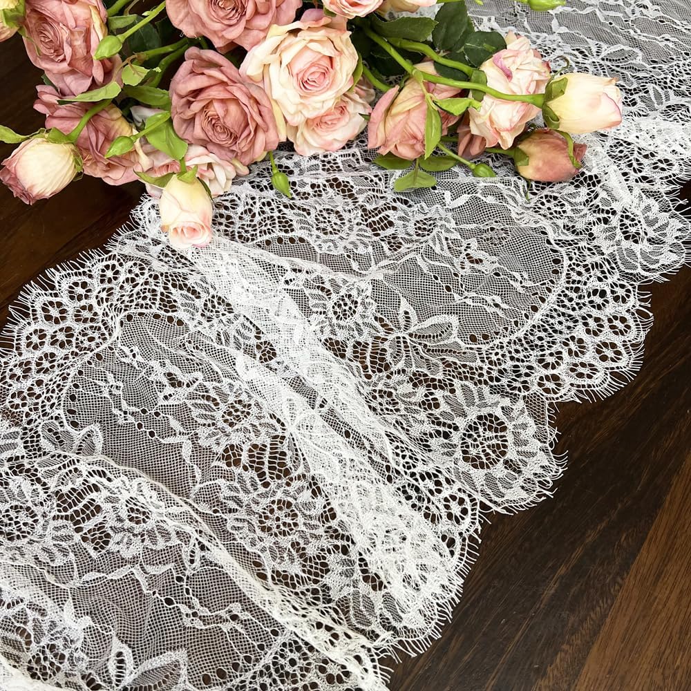 1 Pcs White Lace Table Runner 14 x 120 Inch Vintage Rustic Table Runner for Wedding Bridal Shower Baby Shower Party Decorations Embroidered Boho Lace Table Cloth Runners