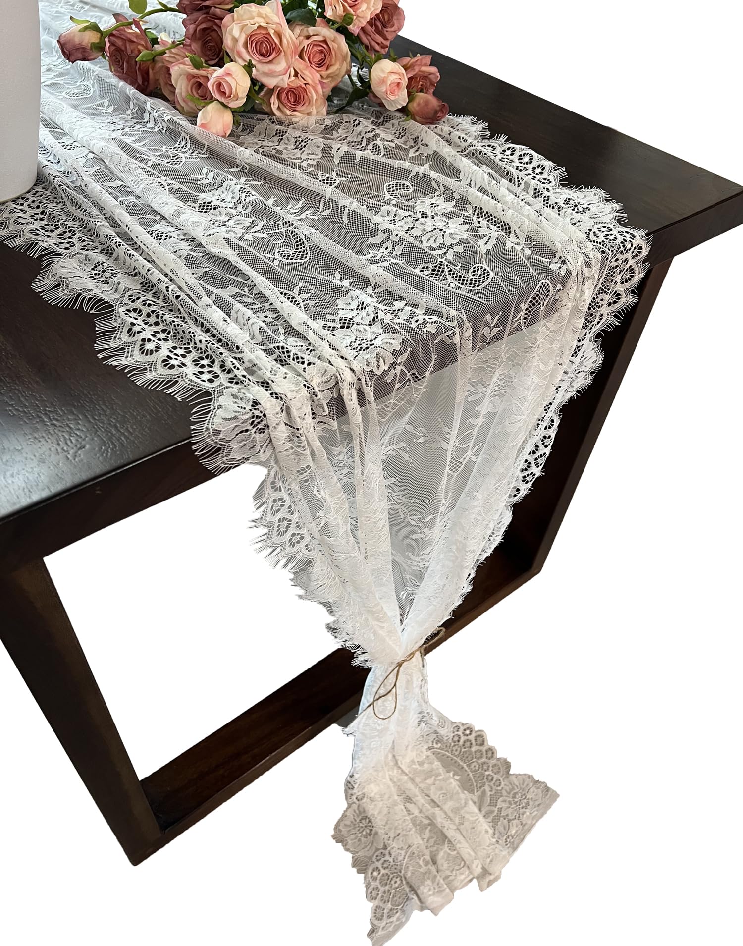 1 Pcs White Lace Table Runner 14 x 120 Inch Vintage Rustic Table Runner for Wedding Bridal Shower Baby Shower Party Decorations Embroidered Boho Lace Table Cloth Runners