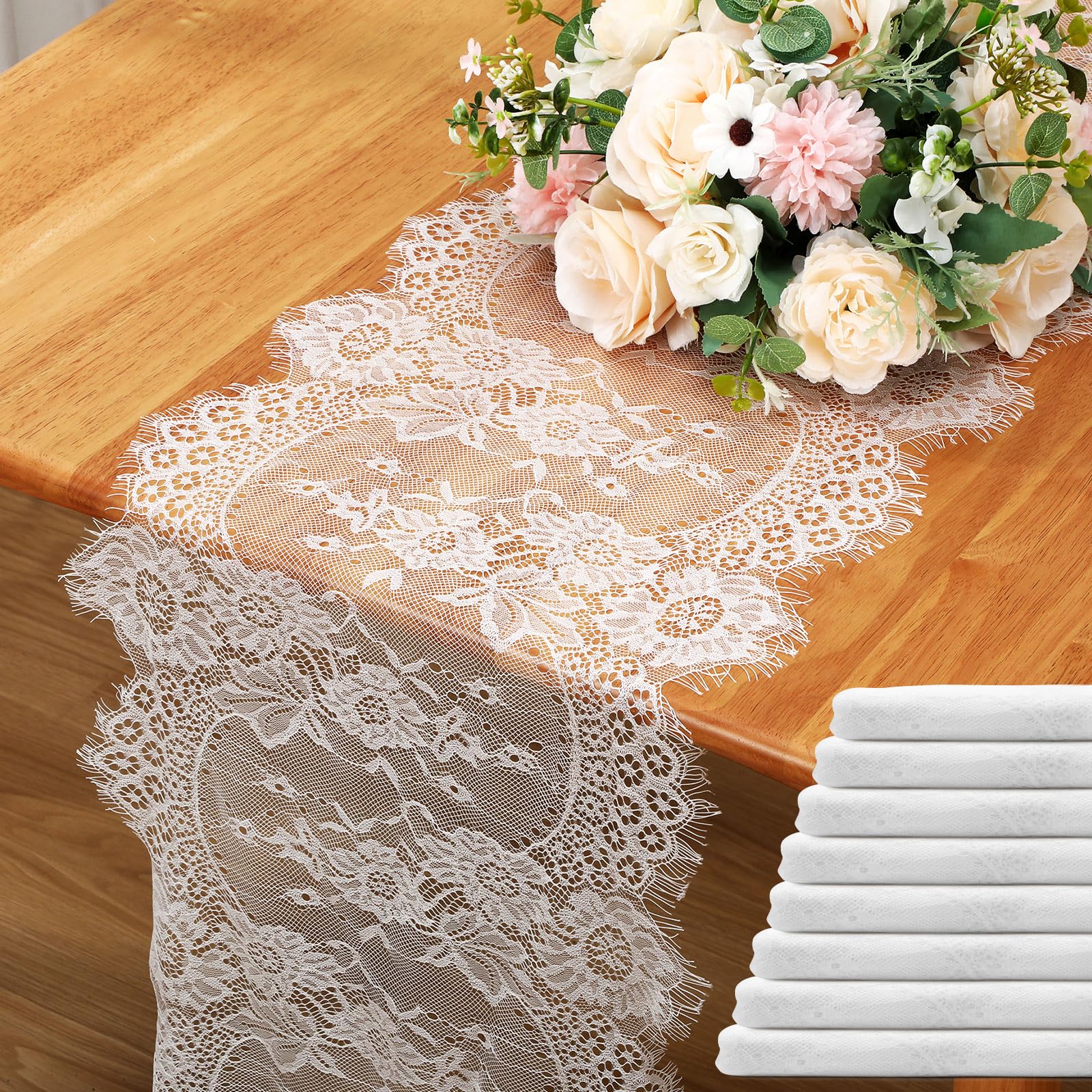 12 Pack White Lace Table Runner 14 x 120 Inch Rustic Vintage Table Runner with Rose Embroidered Floral for Wedding Party Decor Boho Lace Tablecloth for Spring Easter Summer Kitchen Bridal Baby Shower